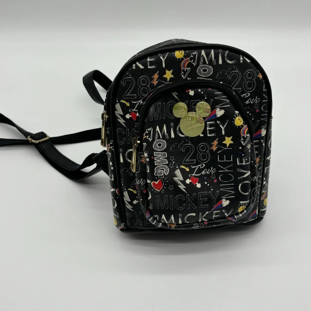 Disney Mickey Mouse Mini Backpack Black Gold‎ Lettering Pattern Print Cute